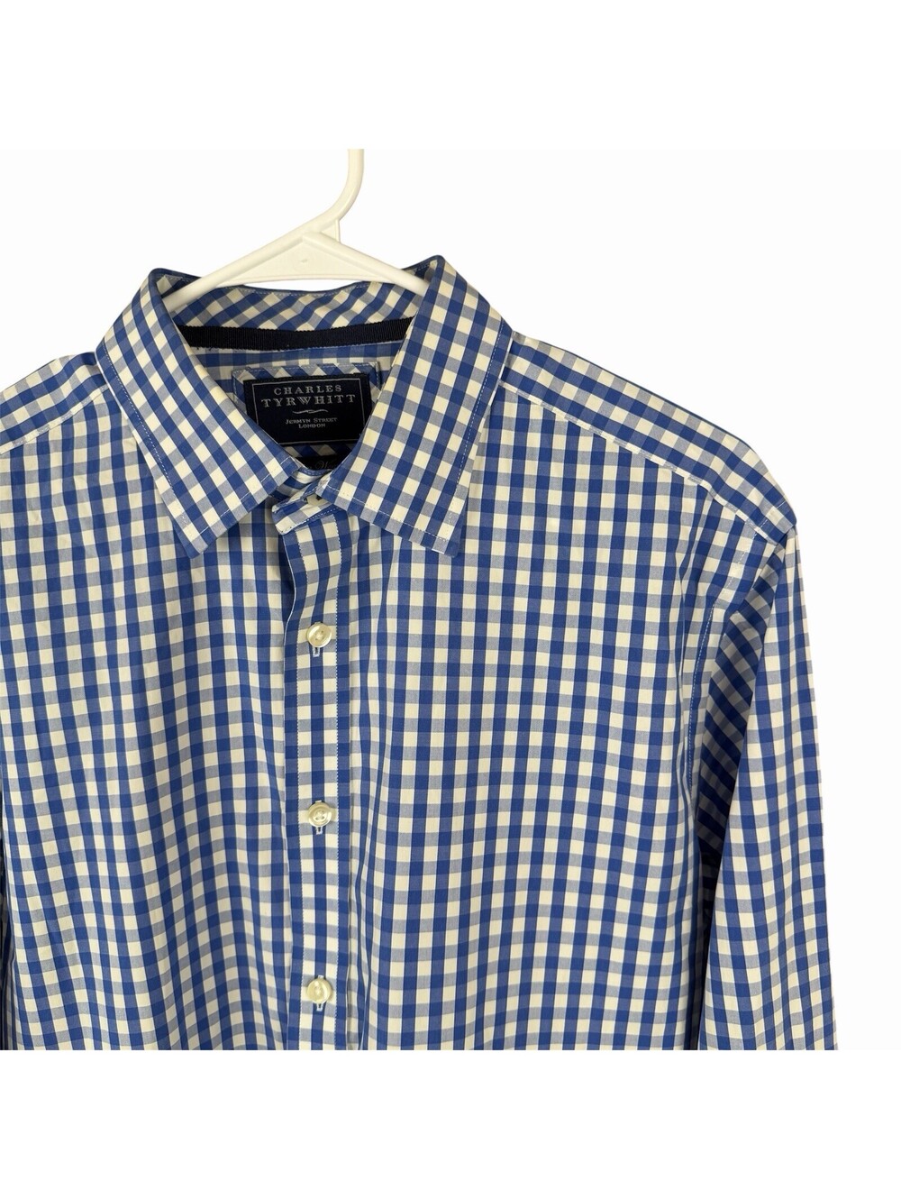 Charles Tyrwhitt Dress Shirt L Large Slim Fit Poplin Blue Gingham Check Mens